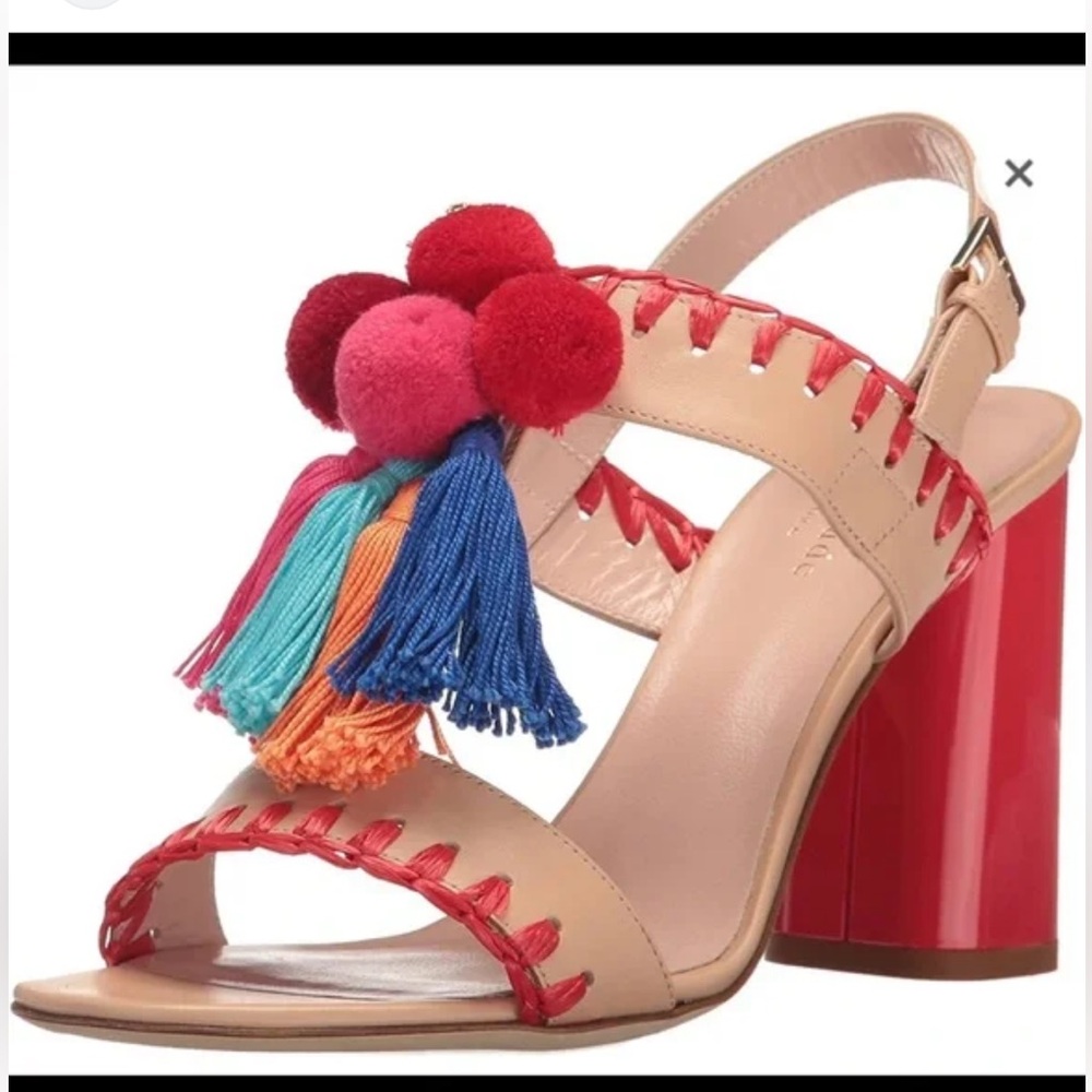 kate spade tan sandals with red pom-poms and multicolor tassels